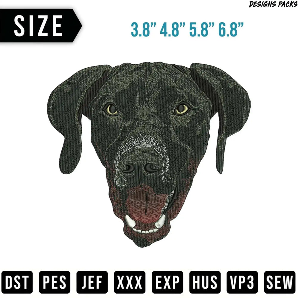 Black dog face embroidery design with size options and file formats.