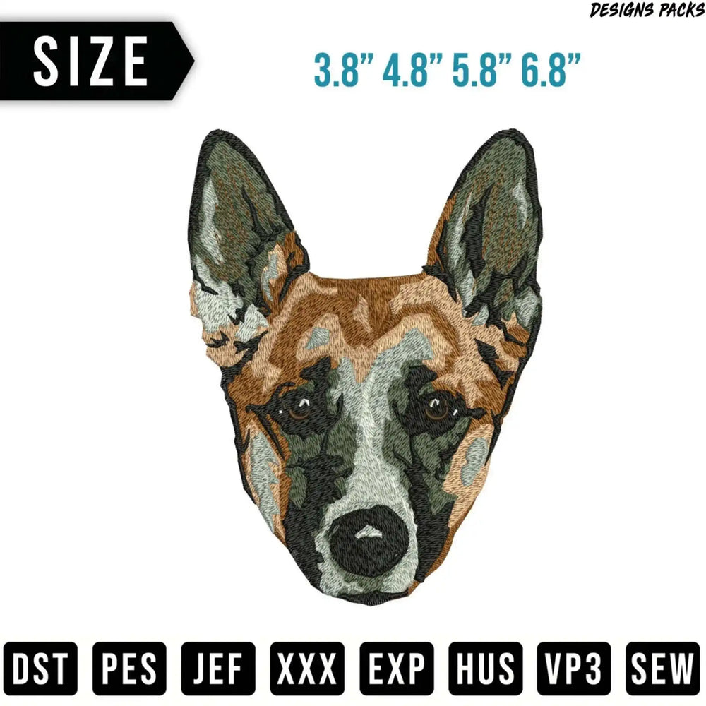 Embroidery design of a Dutch Shepherd dog head, available in multiple sizes.