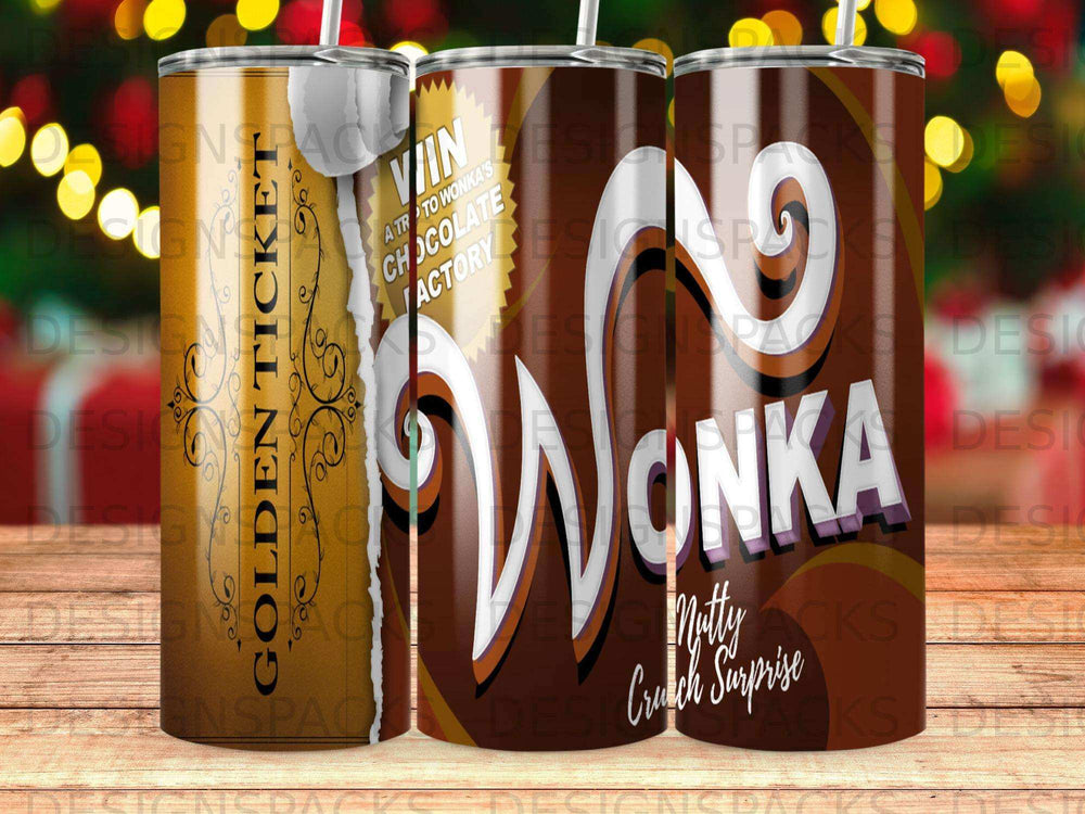 Wonka chocolate factory golden ticket design on tumblers.