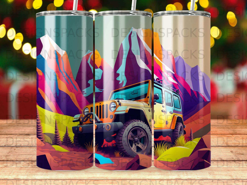Three tumblers featuring a stylized Jeep in a mountain landscape.
