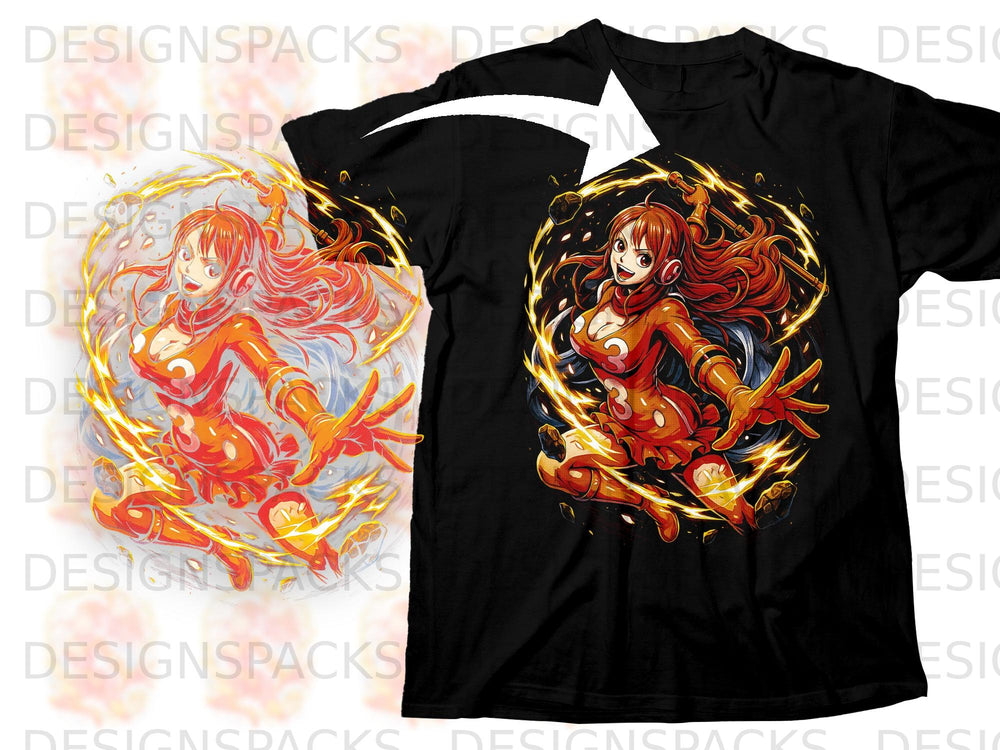 Black t-shirt with an anime character in orange, surrounded by lightning and energy.