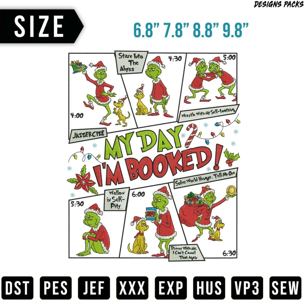 The Grinch's schedule from "My Day I'm Booked" with times and activities.
