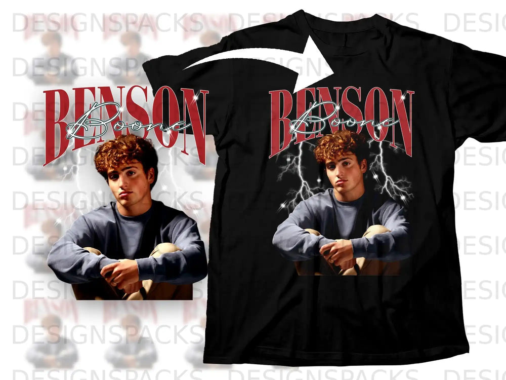 Black t-shirt with "Benson" text and a young man's portrait.