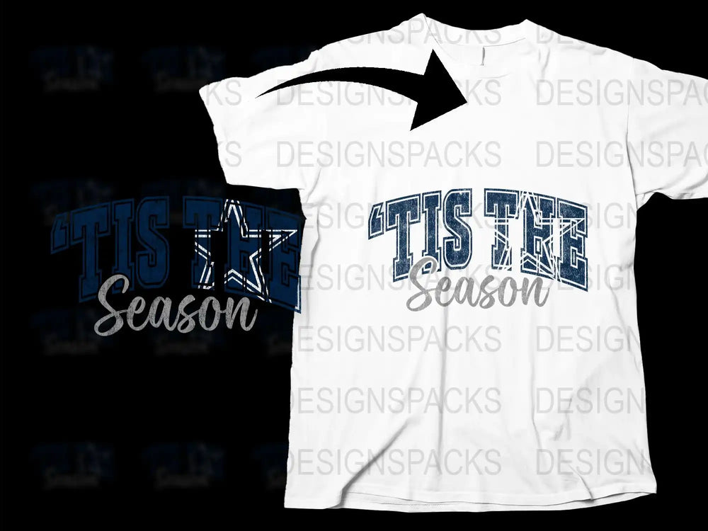 Festive Christmas T-Shirt, 'Tis The Season Holiday Tee, Winter Graphic Shirt, Casual Blue and White Top for Men and Women