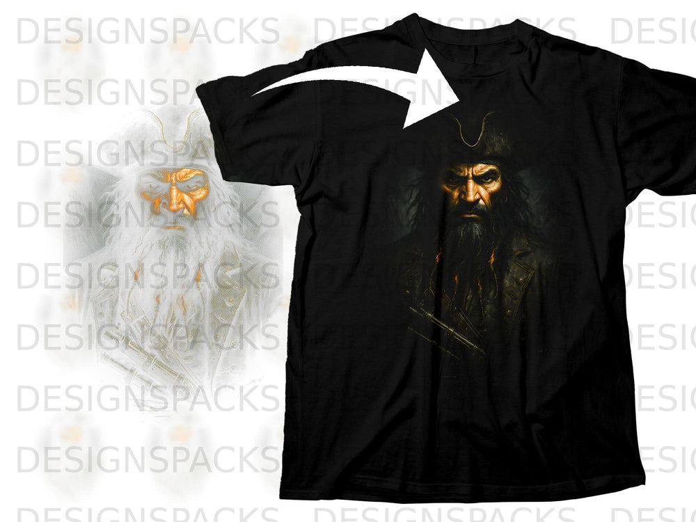 Black t-shirt with a dark, detailed graphic of a grizzled pirate's face.
