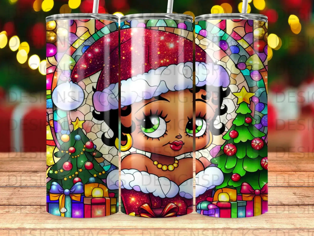 Boop-oops, 20oz tumbler with Christmas character wearing Santa hat and festive background.