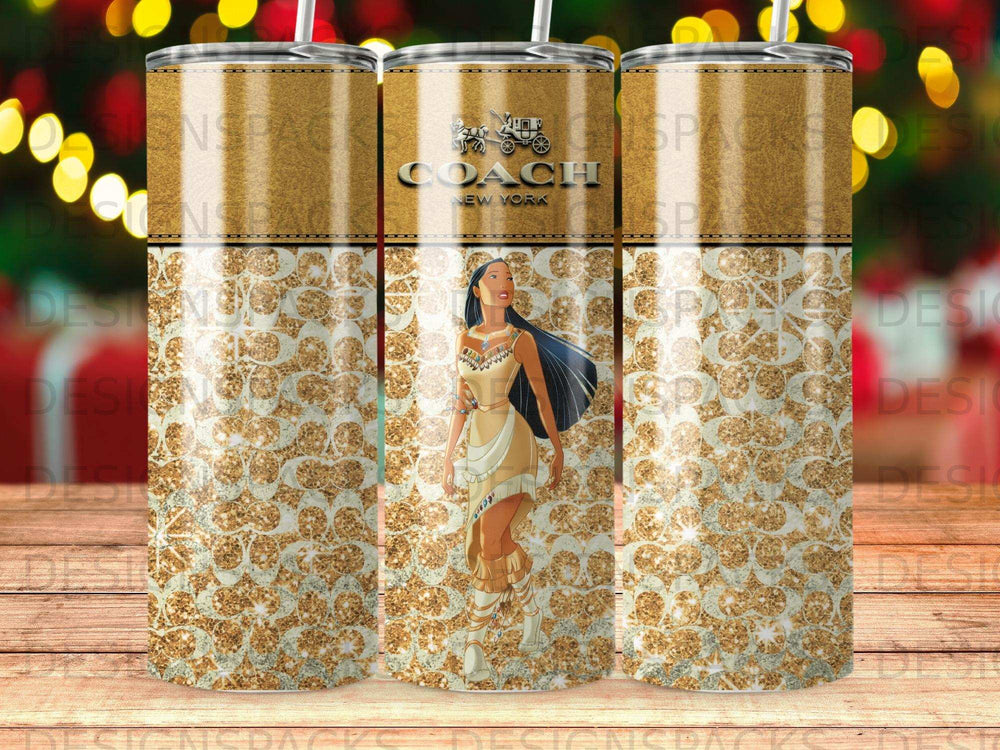 Coach New York tumbler with Pocahontas illustration and gold glitter design.