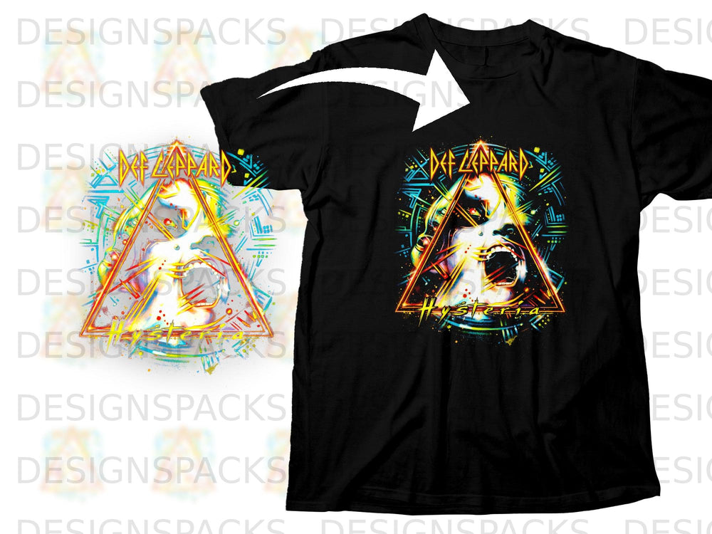 Black t-shirt featuring a colorful Def Leppard "Hysteria" album art graphic.