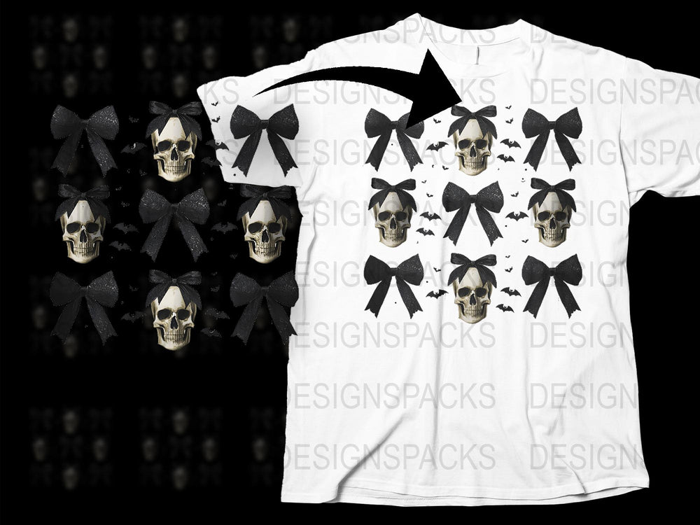 Gothic Skull and Bow Pattern T-Shirt, Unisex Black and White Graphic Tee, Spooky Fashion Top