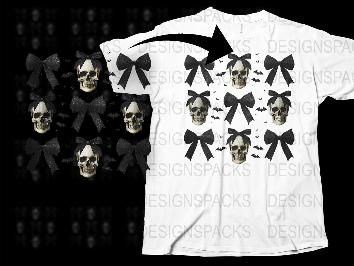 Gothic Skull and Bow Pattern T-Shirt, Unisex Black and White Graphic Tee, Spooky Fashion Top
