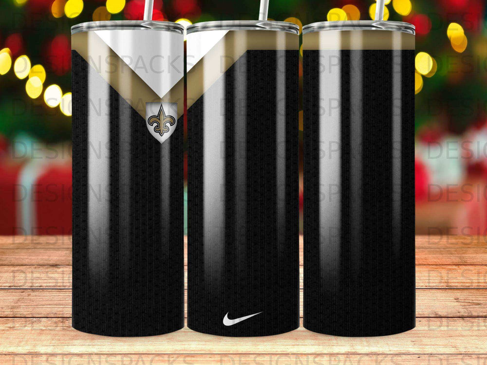 Black and gold tumbler with New Orleans Saints logo and Nike Swoosh.