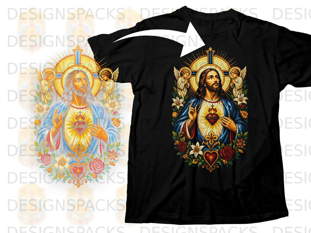 Black t-shirt featuring Sacred Heart of Jesus stained glass design with angels and flowers.