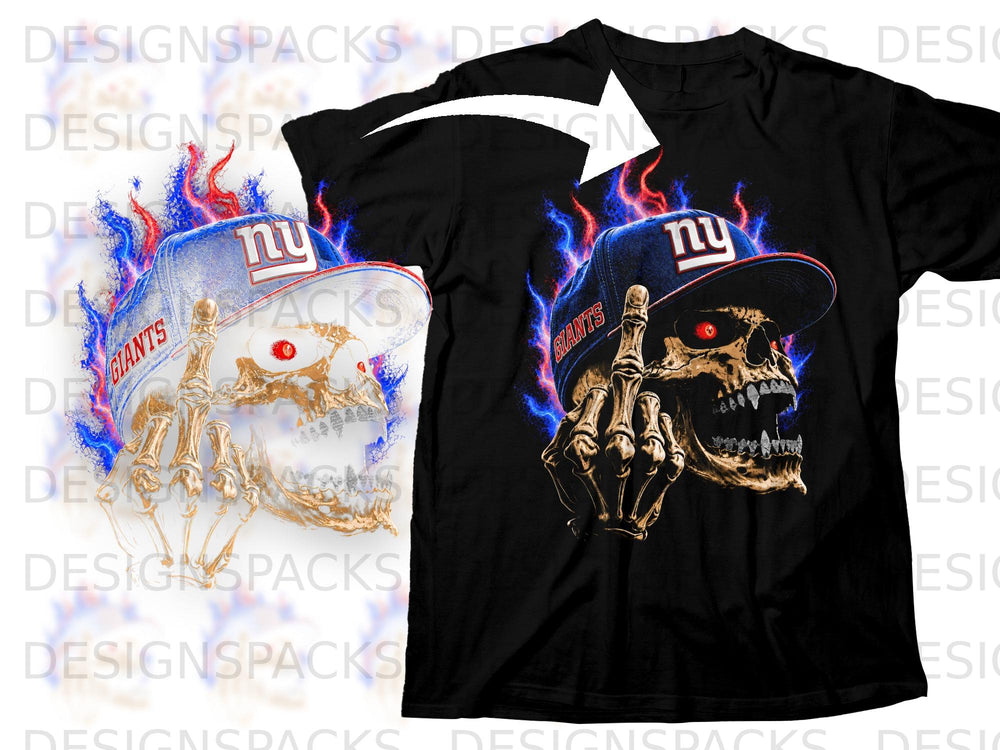 Black t-shirt with skull wearing a Giants hat and blue flames.