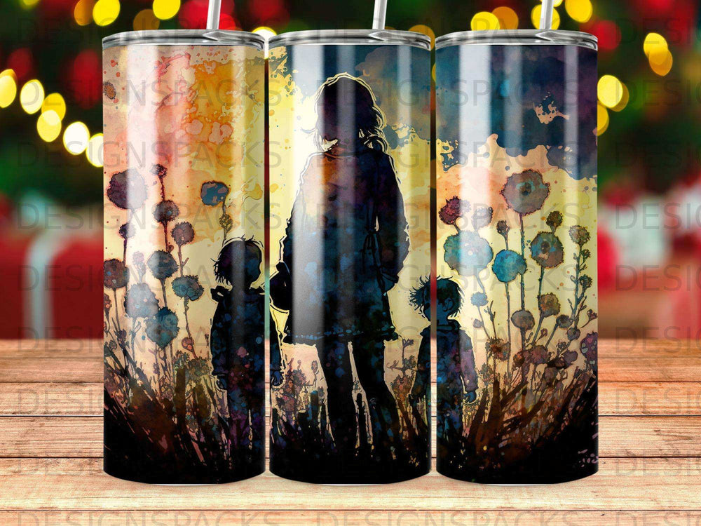 Silhouette of a woman and two children against a watercolor sunset with floral accents.