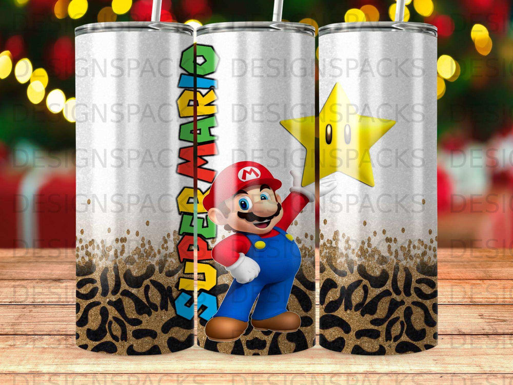 Super Mario character with leopard print and star designs on a tumbler.