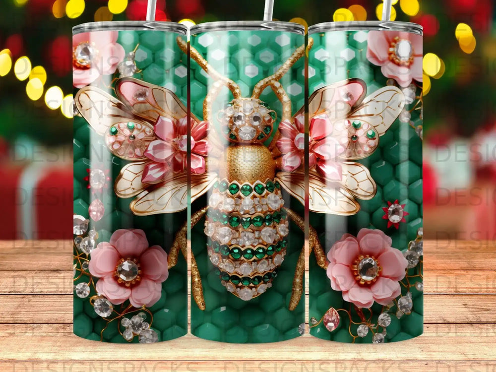 Bee and flowers design on a green, hexagonal patterned tumbler.