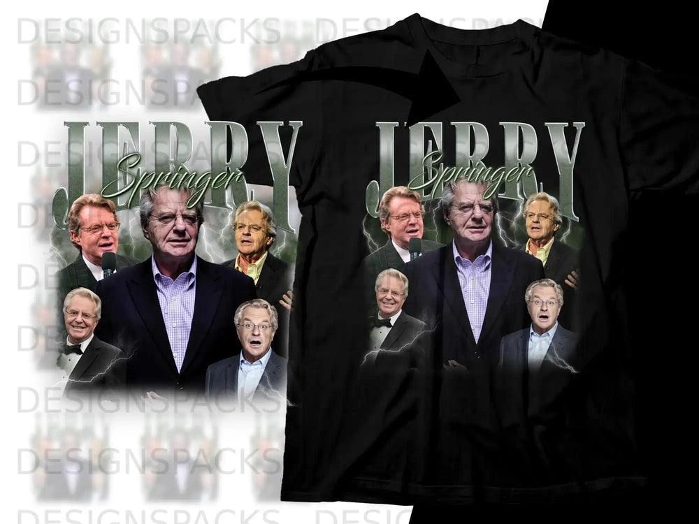 Jerry Springer montage on a black t-shirt.