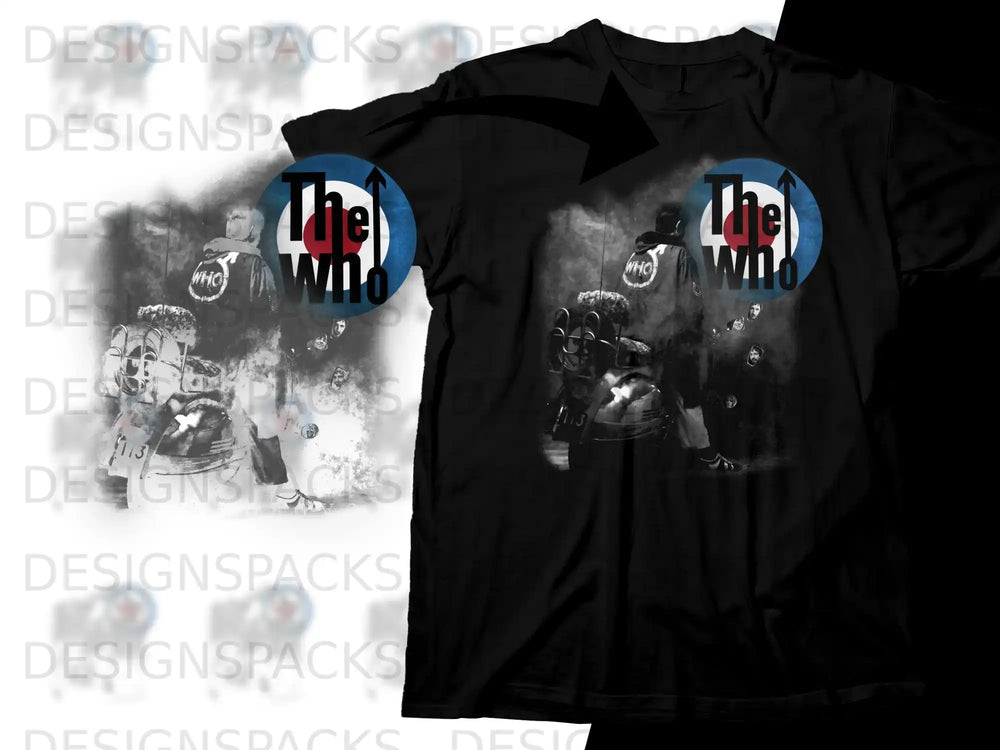 Black t-shirt with The Who logo and band member silhouette graphic.
