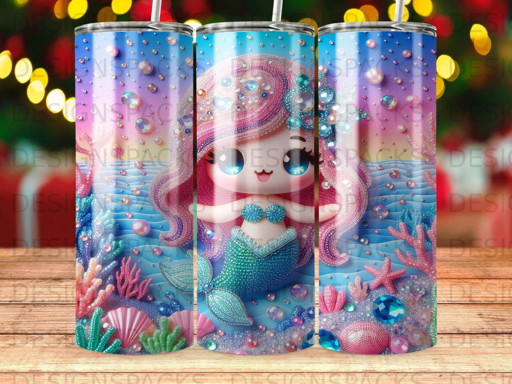 Cartoon mermaid with pink hair, blue tail, surrounded by underwater sea life.