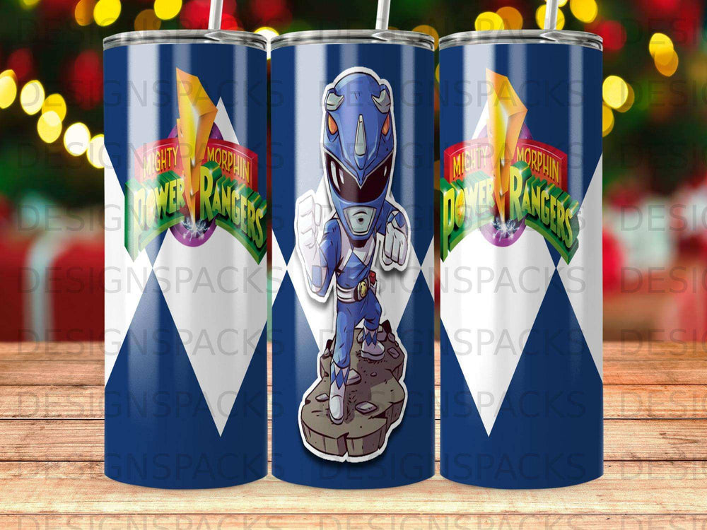 Mighty Morphin Power Rangers blue ranger on a blue patterned tumbler.