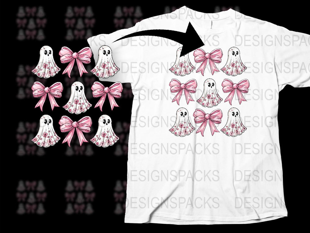Cute Ghost T-Shirt with Pink Bows, Spooky Fun Graphic Tee, Casual Halloween Apparel for All Ages