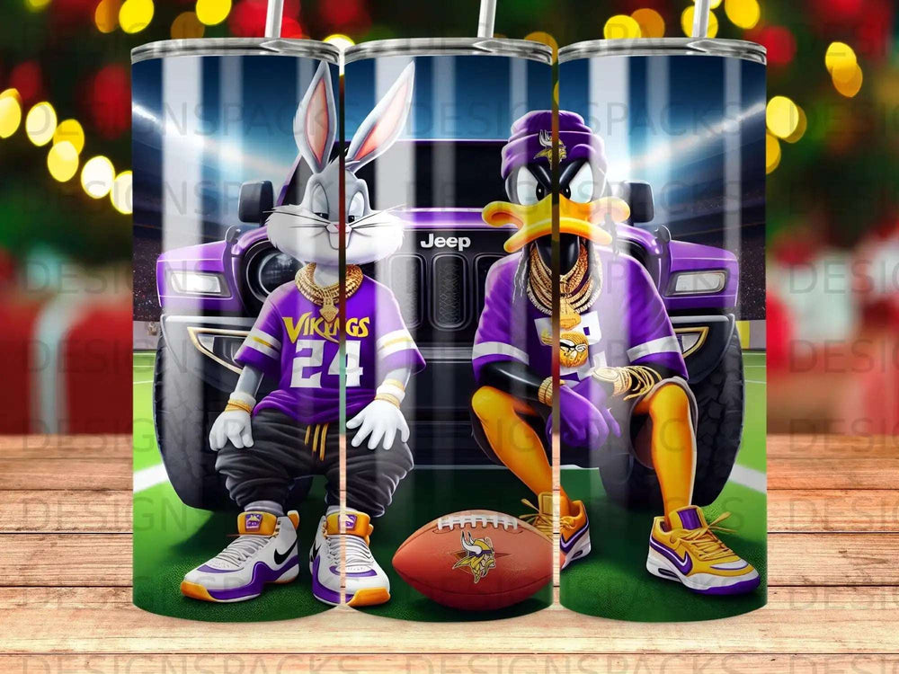 Bugs Bunny and Daffy Duck wearing Vikings gear and jewelry, sitting on a football.