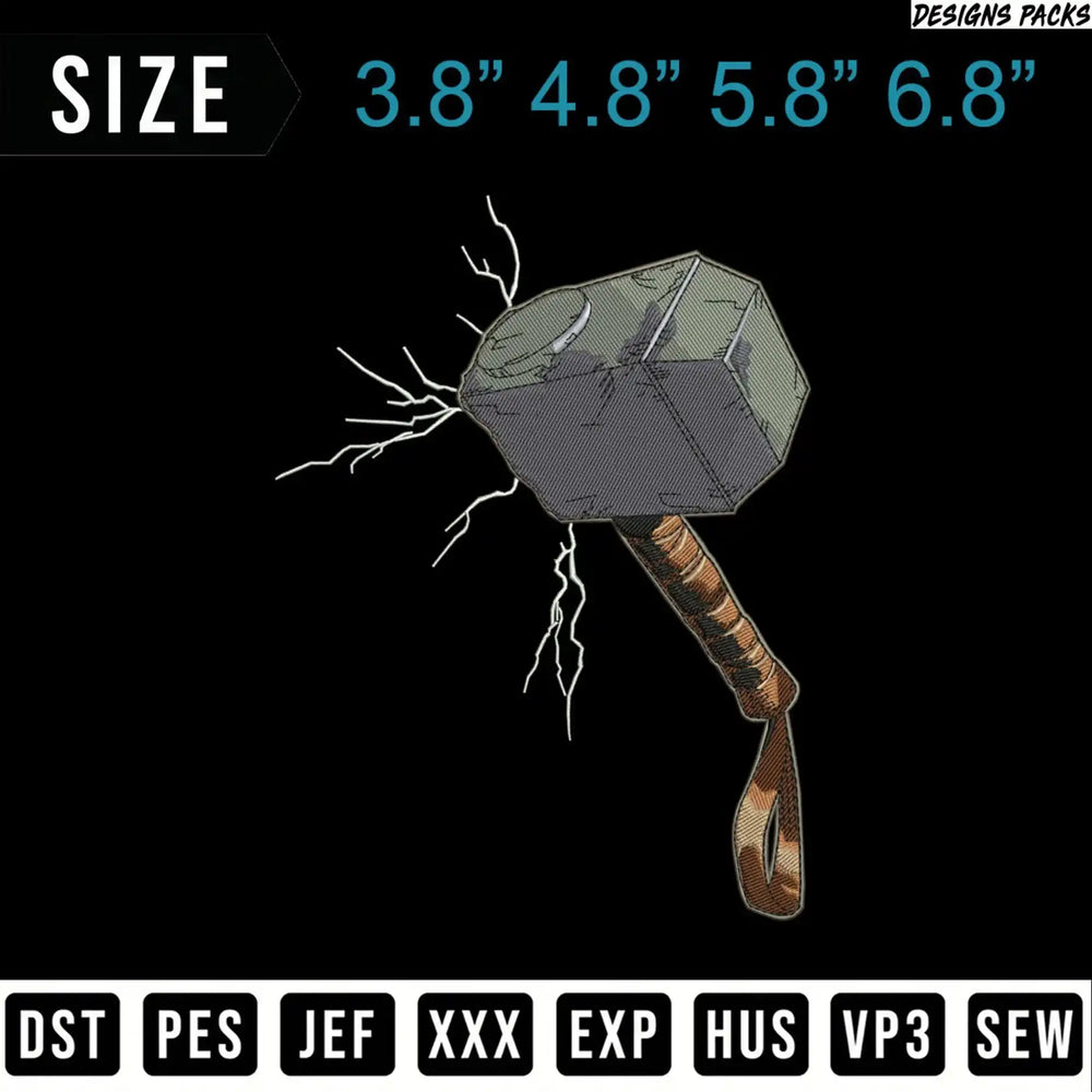 Mjolnir hammer embroidery design with size and file format options.