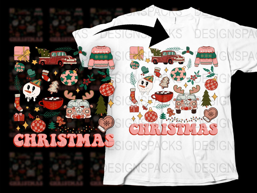 Christmas Themed T-Shirt, Festive Holiday Graphics with Cars, Trees, and Ornaments Design