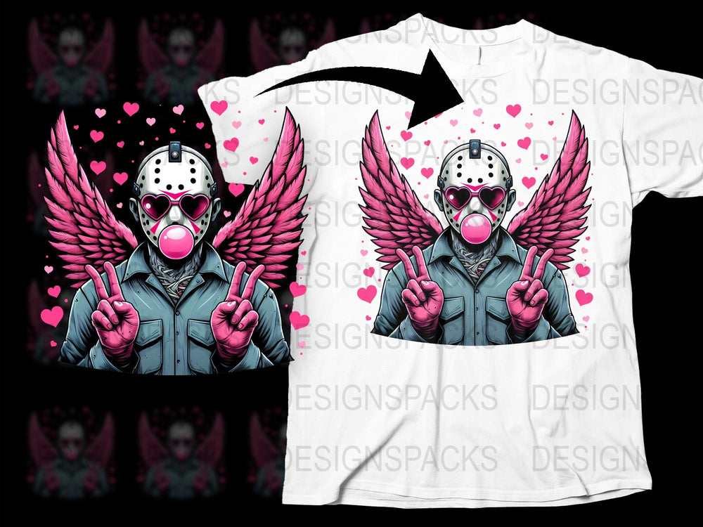 Punk Angel Wings T-Shirt, Graphic Tee, Heart and Mask Design, Unisex Fashion, Unique Streetwear Style