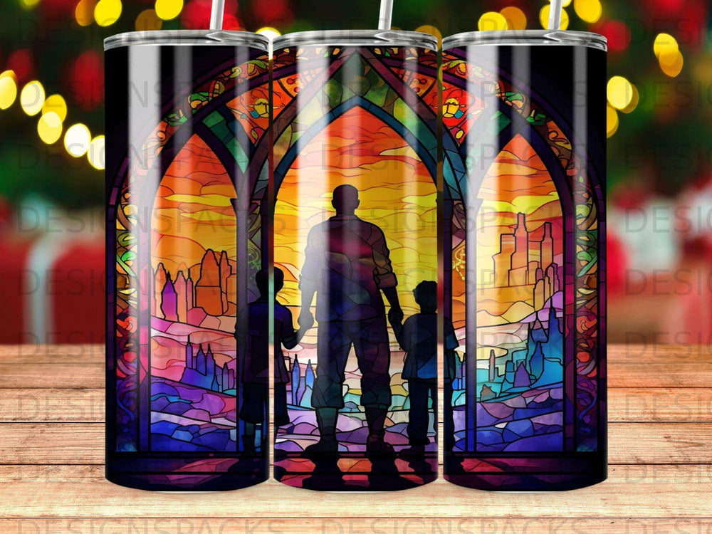 Silhouette of a man and two children in stained glass window design.