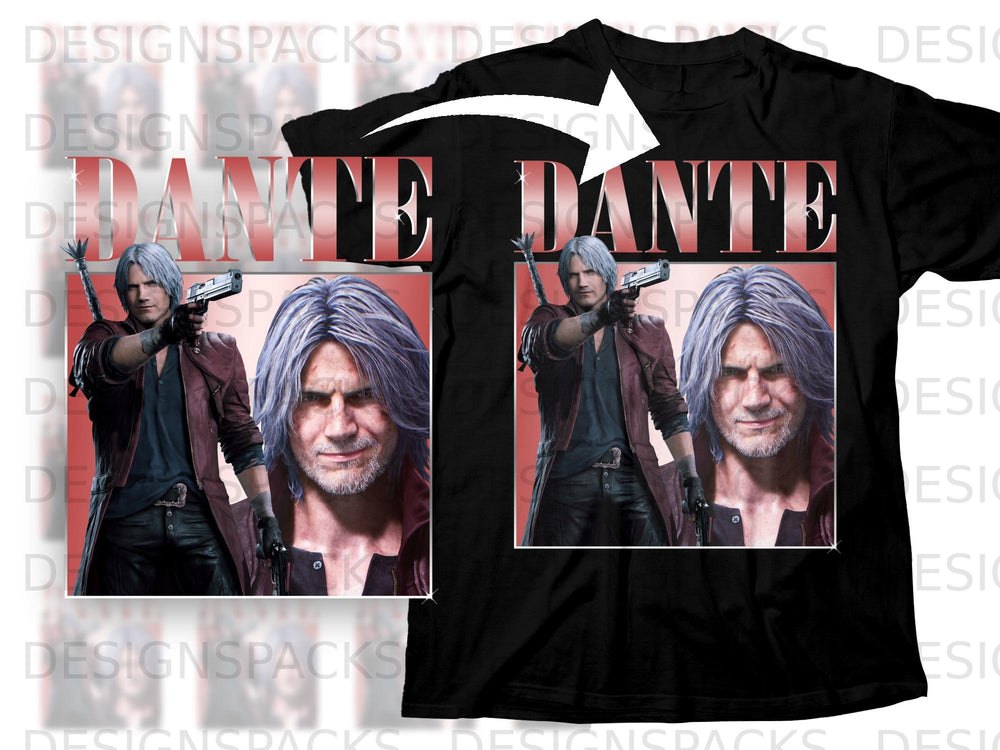 Black t-shirt featuring Dante from Devil May Cry with guns and sword graphic.