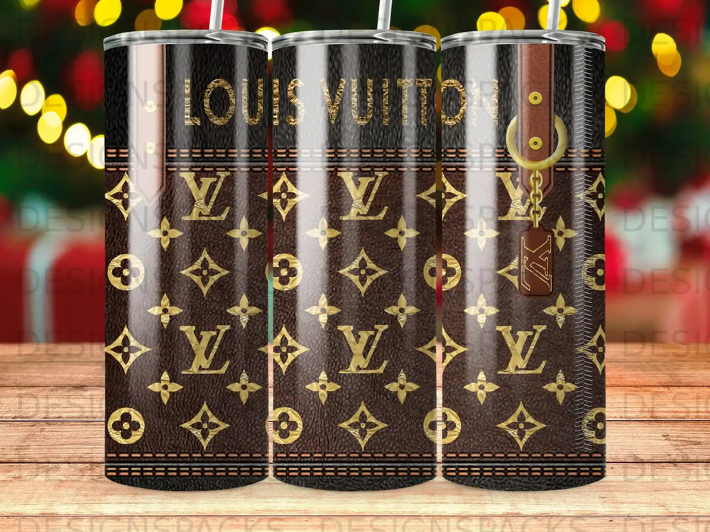 LV monogram tumbler with gold buckle and strap detail.