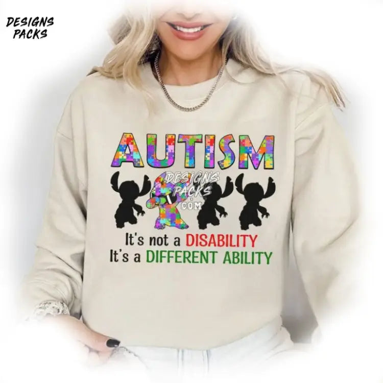 Different Ability Autism In April We Wear Blue Cartoon Stitch Awareness Png Design