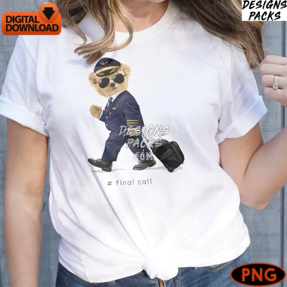 Digital Pilot Bear Illustration Cute Airline Captain With Suitcase Instant Download Png File For