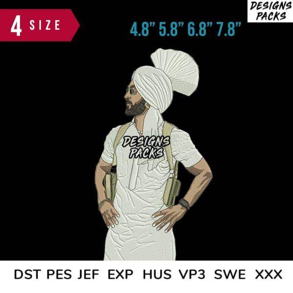 Embroidery design of a man in white turban and robe, available in multiple sizes and formats.