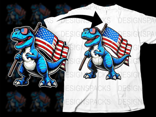 Patriotic Dinosaur T-Shirt with American Flag, 4th of July Graphic Tee, Fun USA Flag Dino Shirt for Kids and Adults