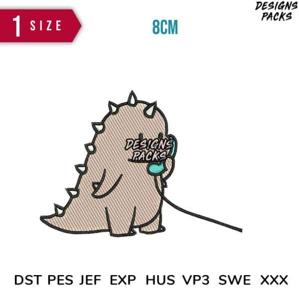 Cute dinosaur embroidery design with phone, 8cm size, DST PES formats for instant download
