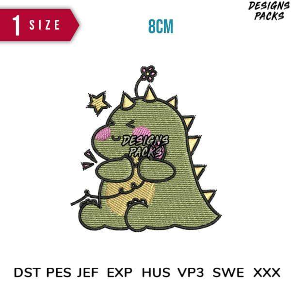 Cute green dinosaur embroidery design, 8cm size, PES DST formats, perfect for DTG & DTF printing