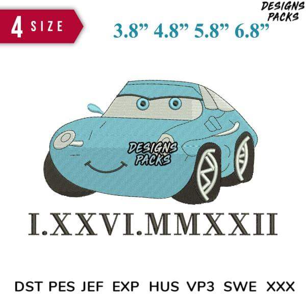 Cute blue car embroidery design in 4 sizes, compatible with DST PES JEF formats for instant download