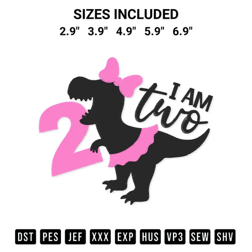 Dinosaur Girl 2Nd Birthday Embroidery Design
