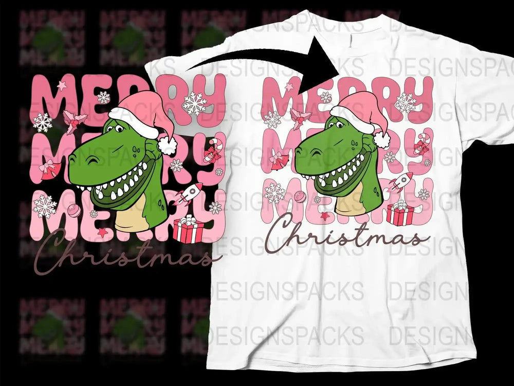 Dinosaur with Santa Hat Merry Christmas Png Digital Download