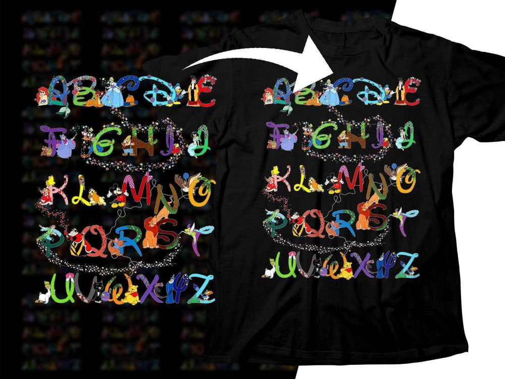 Colorful Disney alphabet design on black t-shirt, perfect for DTF/DTG printing