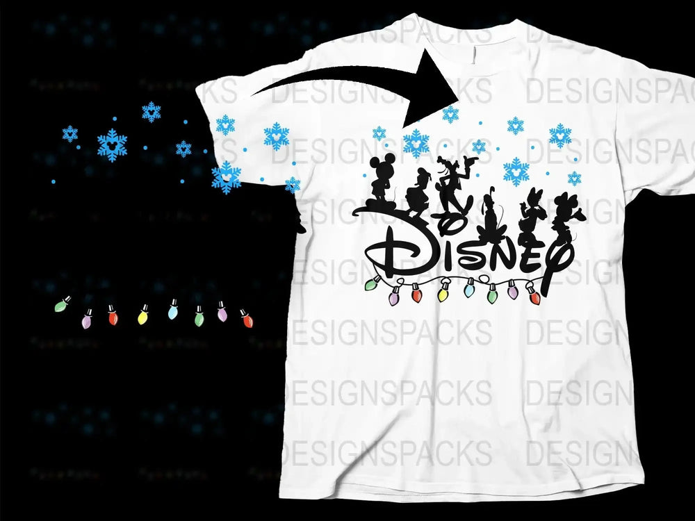 Disney Christmas T-Shirt, Holiday Family Tees, Winter Snowflakes Lights Design, Unisex Kids Adults Clothing