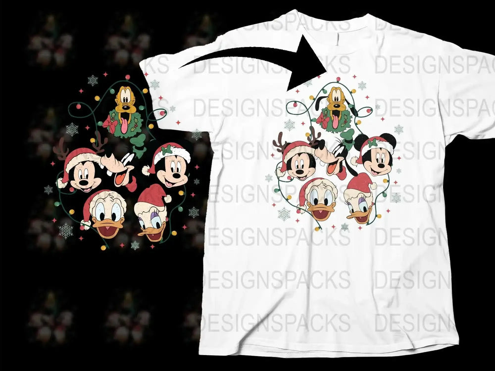 Festive Holiday T-Shirt with Cartoon Characters, Christmas Tee, Family Matching Outfit