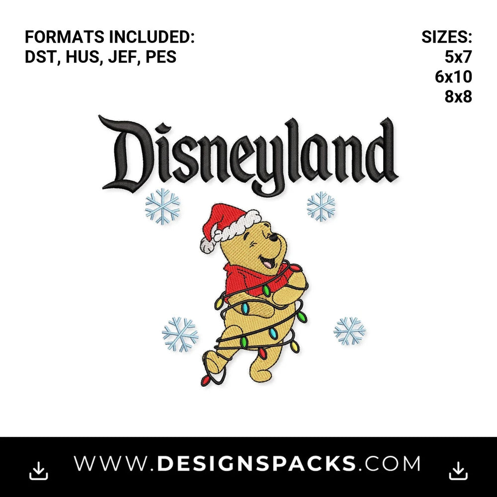 Disneyland Christmas Pooh Bear Lights Embroidery Design - Instant digital download pattern at Designspacks.com