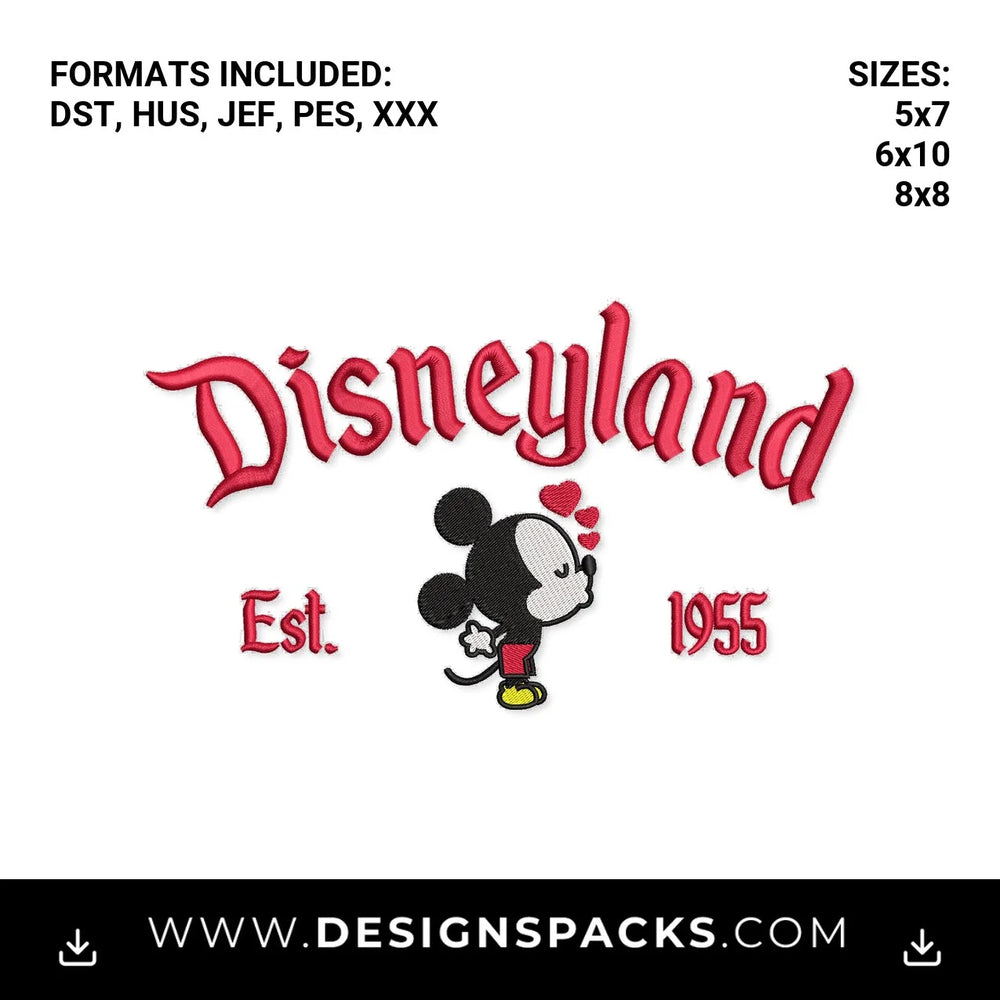 Disneyland Est 1955 Kissing Mickey Embroidery Design - Instant digital download pattern at Designspacks.com