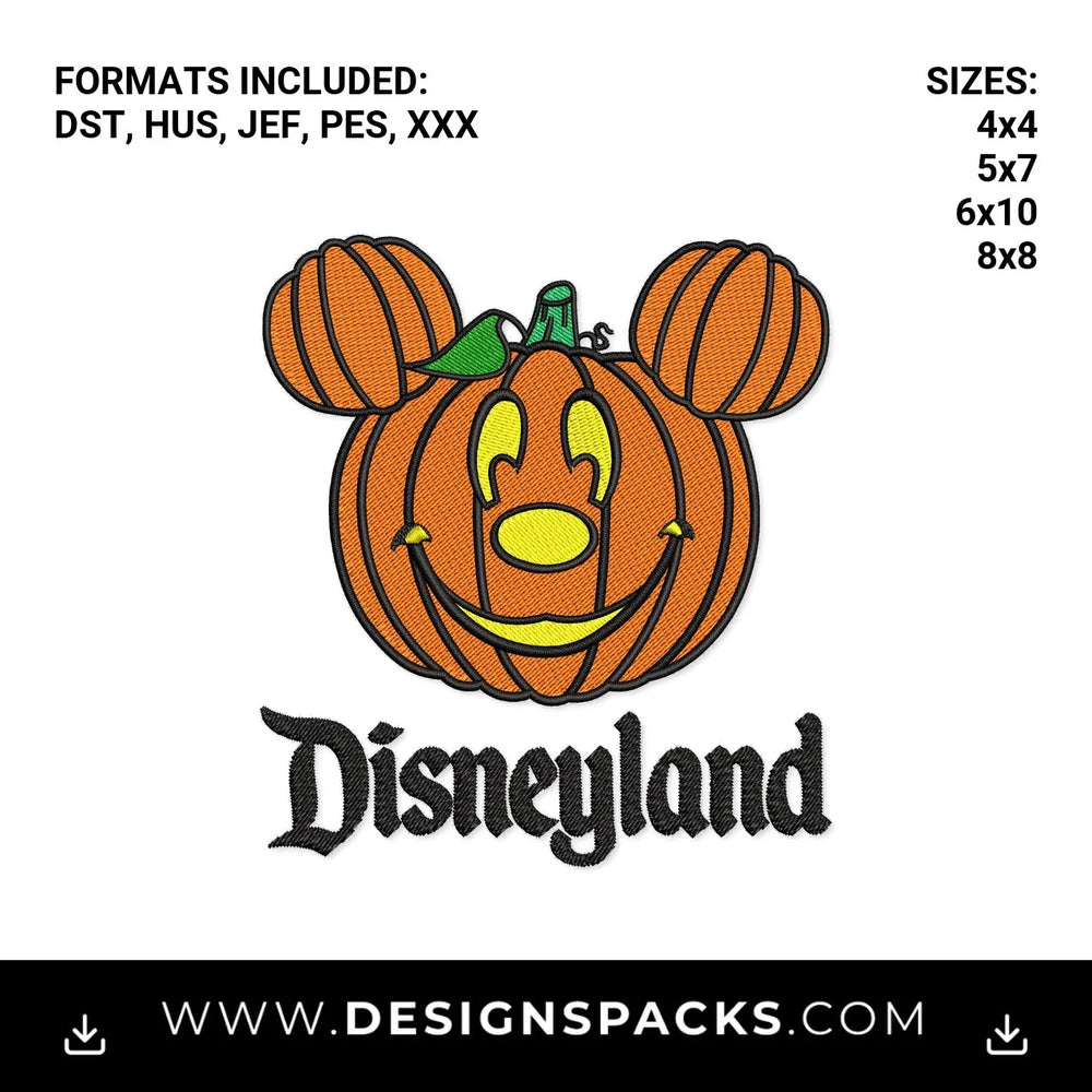 Disneyland Halloween Mickey Pumpkin Embroidery Design - Instant digital download pattern at Designspacks.com