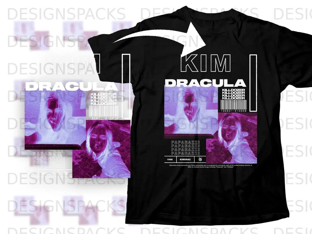 Black t-shirt with "KIM DRACULA" and "PAPARAZZI" graphic.