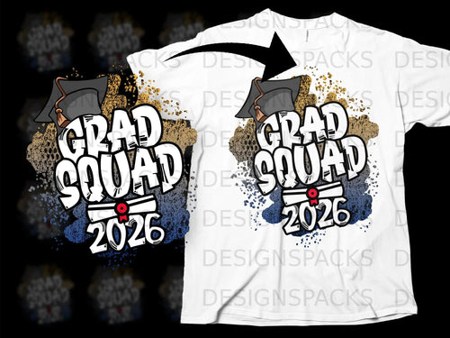 Grad Squad 2026 graphic with graduation caps and a rolled diploma.