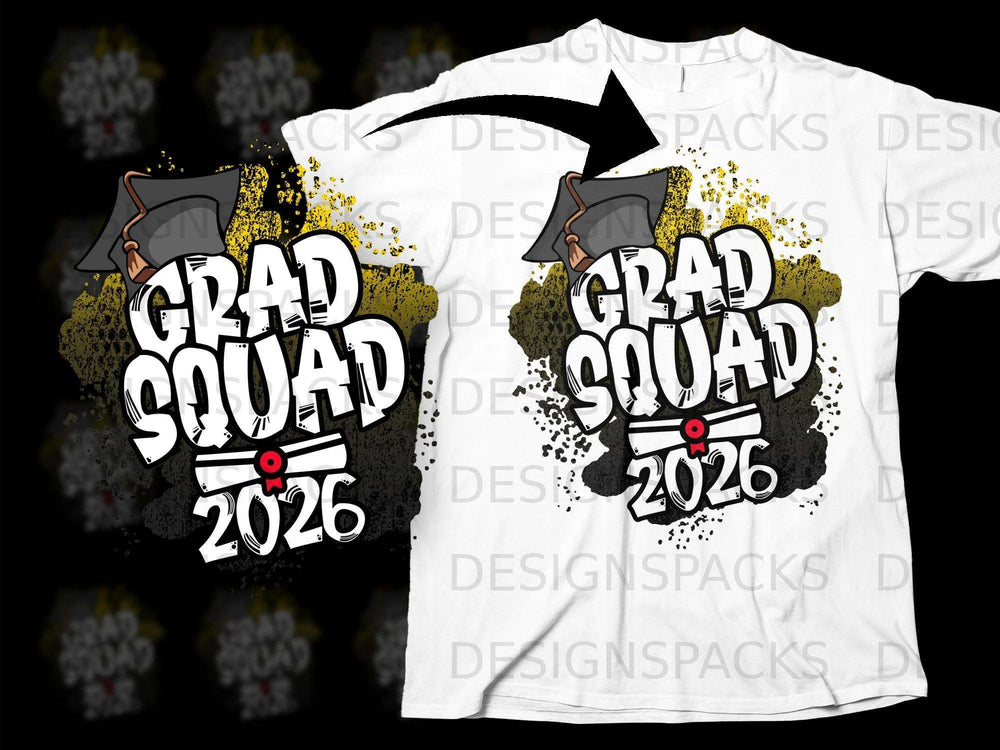 Grad Squad 2026 design with graduation cap and diploma on a white t-shirt.